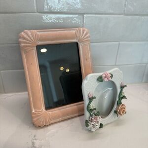 2 vintage frames - pink terra cotta / porcelain shell frame & ceramic flower